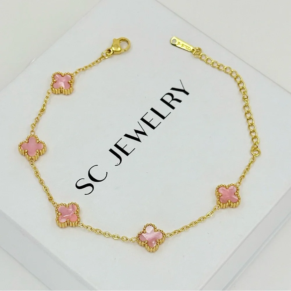 Petite Pink Mother of Pearl Gold Clover Bracelet | Stainless Steel Double Sided